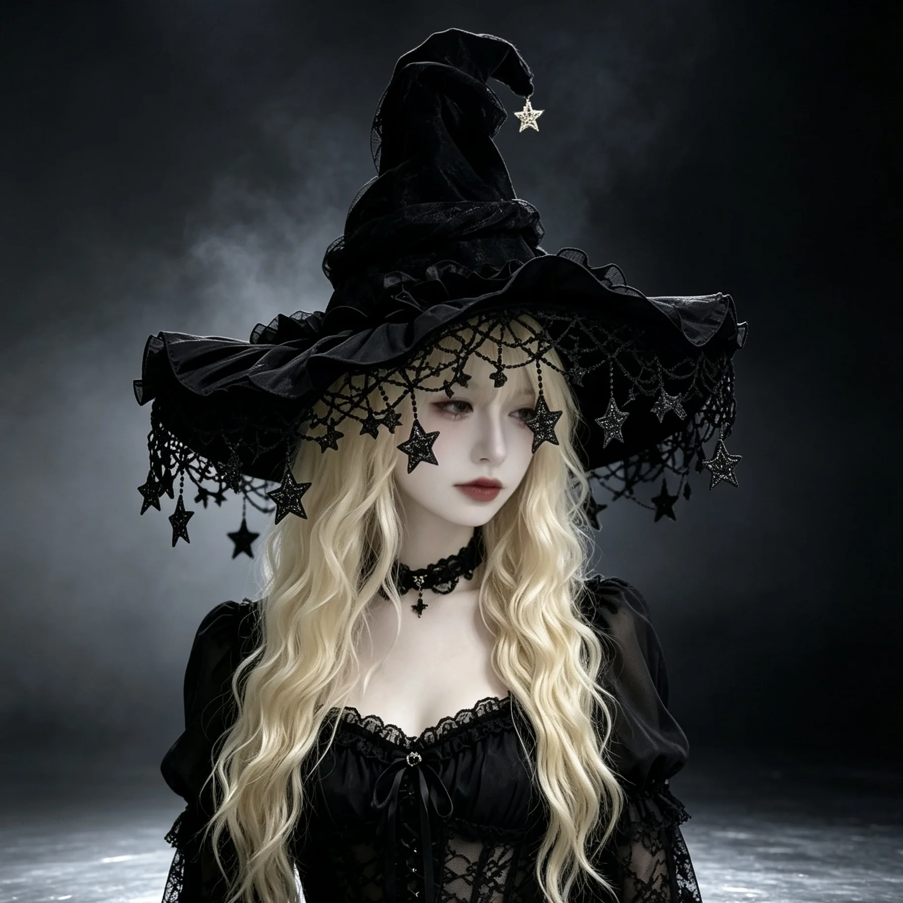 Elegant Lolita Witch Hat Wide Brim Black Lace Star Tassel Decor Wizard Headwear Halloween Carnival Cosplay Fancy Dress Accessory
