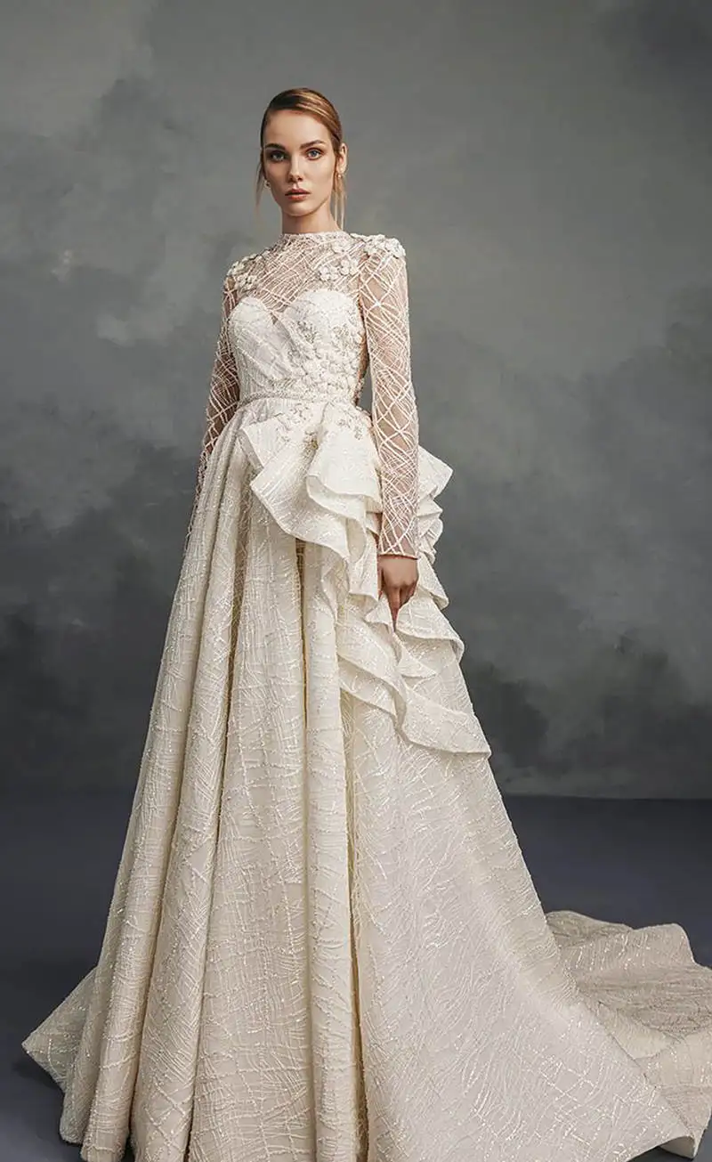 Elegant  Wedding Dresses Appliques Lace-Up Long Sleeve Sweep Train  Princess Bride Wedding Dress Customized