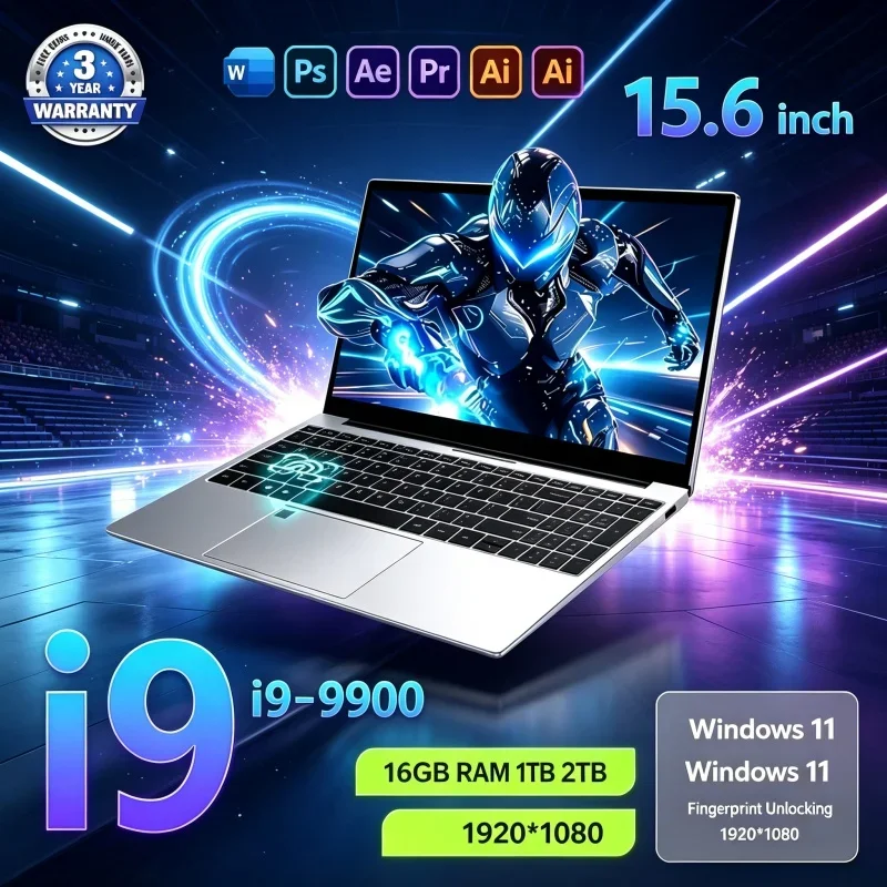 Portable 15.6 Inch Notebook PC Intel I9-9900 32GB RAM 1TB/2TB SSD Windows11 Fingerprint Unlock Lightweight Office Gaming Laptop