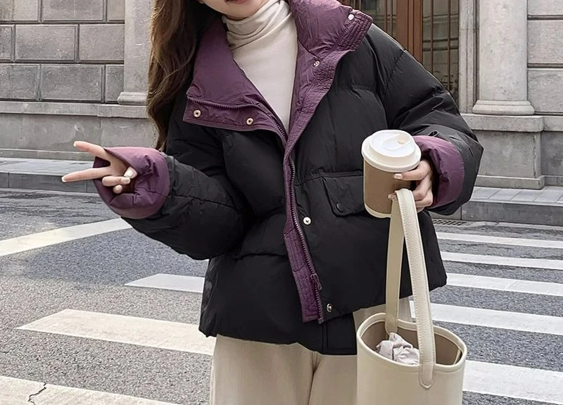 

2025 зимняя утолщенная новая модная хлопковая куртка со свободным воротником-стойкой, хлопковое пальто с цветными блоками