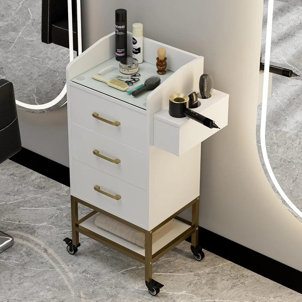 محطة صالون مكونة من 4 طبقات لمصفف الشعر، محطة تخزين حلاقة بيضاء مع سطح زجاجي، 3 أدراج، حاملات مجفف الشعر