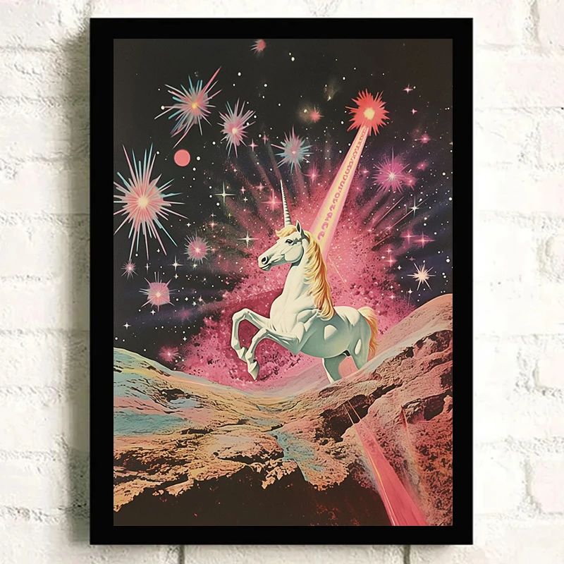 Vintage Psychedelic Pink Alien UFO with Woman Posters Prints Canvas Painting Retro Space Wall Art Decor Painting Home Room Decor