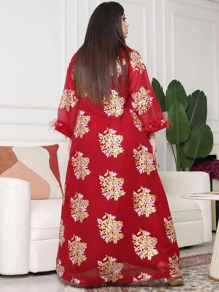 Feathers Jalabiya Imitation Linen Embroidered Arabic Dress Moroccan Woman Jalaba Muslim Dubai Saudi Party Evening Islamic Kaftan