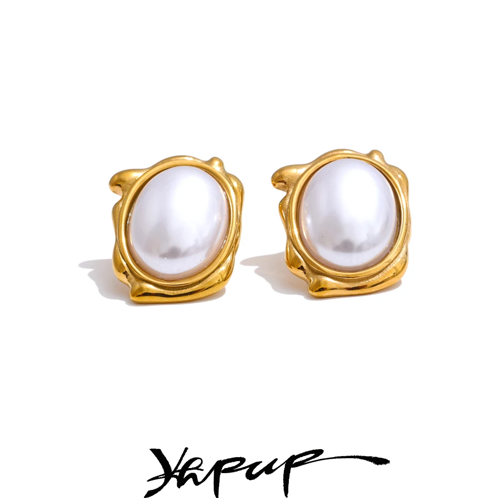 Yhpup Elegant Simulated Pearls Round Daily Stud Earrings for Women 18K Gold Color Plated Stainless Steel Vintage Jewelry New