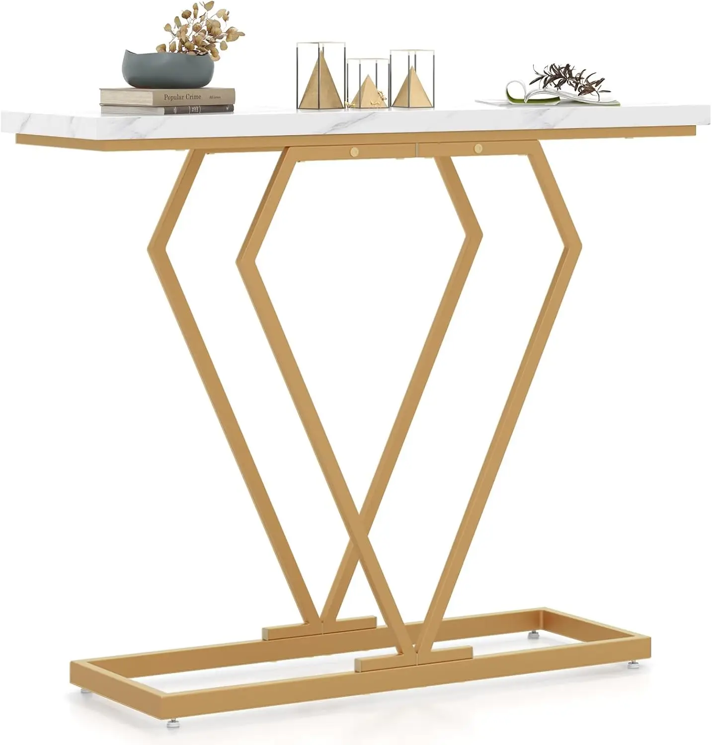 

39.5-Inch Modern Entryway Table - Faux Marble Top Console Table with Diamond-shaped, Gold Heavy-duty Metal Frame