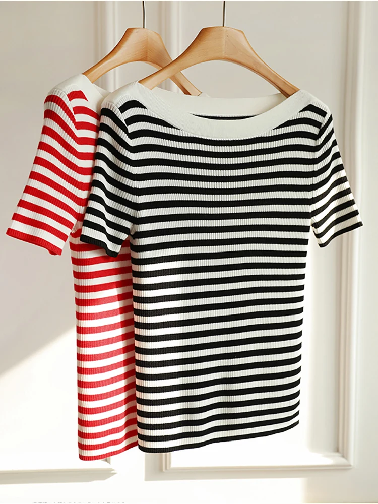 Black T Shirt Women Striped Slash Neck Korean Fashion Tee Shirts Short Sleeve Summer Knit Tops T-shirts Casual Women's Clothes