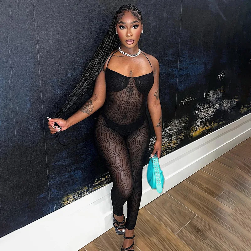 

Sexy Backless Halter Women Jumpsuits Sleeveless See Through Bodycon Black Rompers Summer Nightclub Party Wear Mesh Overalls