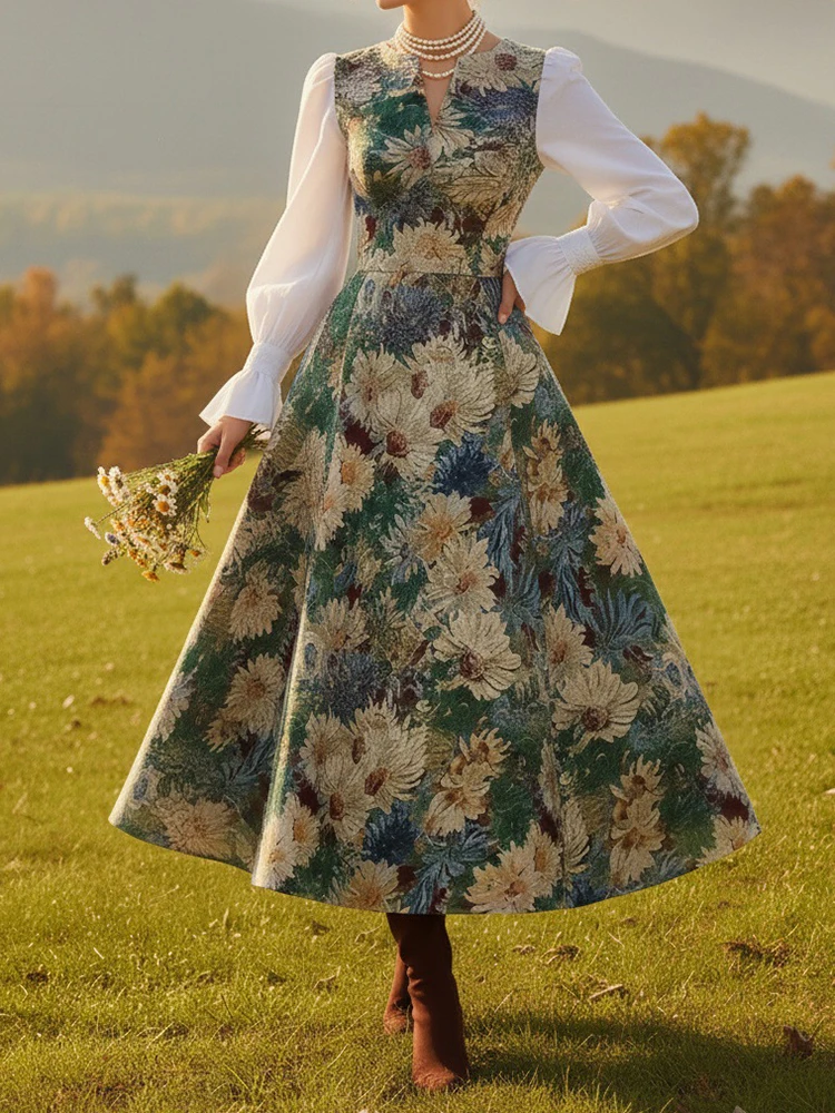 Robe longue à imprimé Floral pour femmes, tenue de soirée dans le jardin, coupe cintrée, élégante, col en v, manches lanternes, printemps, nouvelle collection 2026
