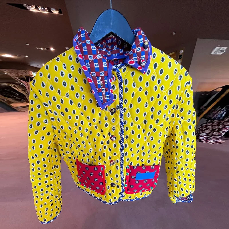 Reversible Jacket Retro Print Color Block Coat Woman Lapel Collar Top Striped Patch Pocket Outerwear Winter Autumn Clothes