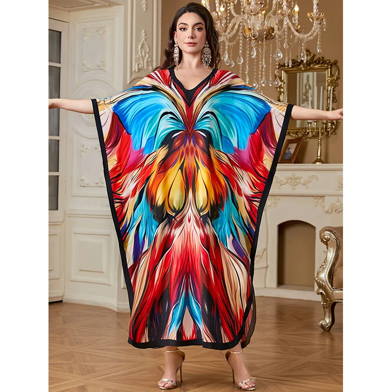 

Long Beach Cover Up Dress Flowy Cotton Kimono Robe Women Printed Maxi Dress for Pool Party