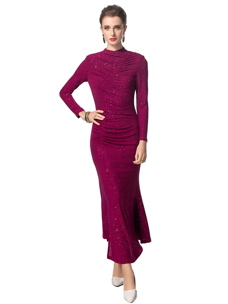 

Autumn Winter Women Party Evening Long Dress Solid Colour Brighting Fashion Ruched Lady Sliming Vestidos Asymmetrical