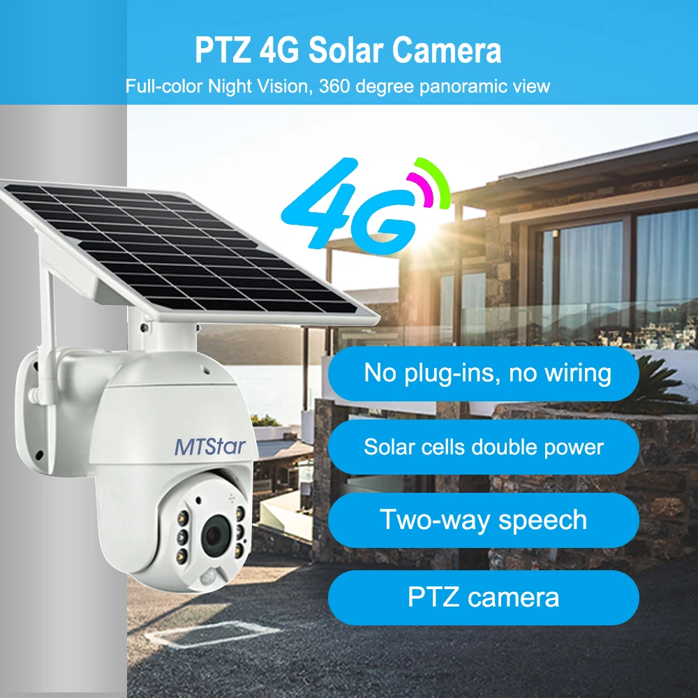 MTStar Brand Solar Camera 2MP/4MP High Resolution Full Color PIR Detection Solar Panel Battery 4G/WiFi PTZ Security Camera