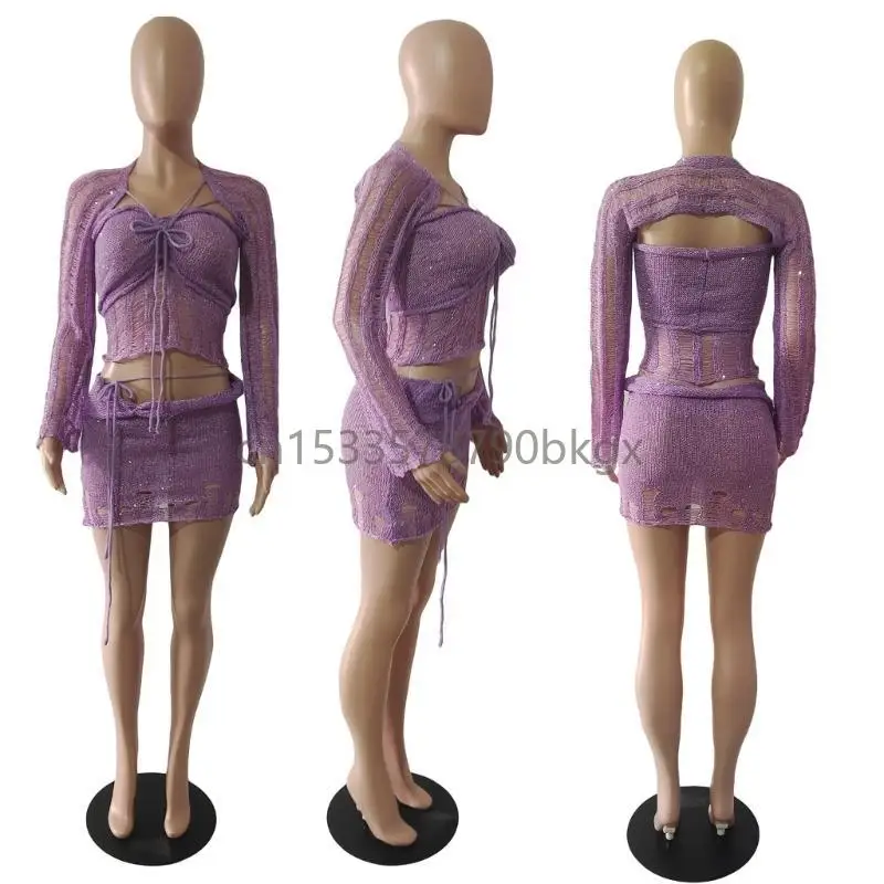 

3Pieces Crochet Sequined Outfit for Women Swimsuit Cover Up Hollowed Knit Dress J78E