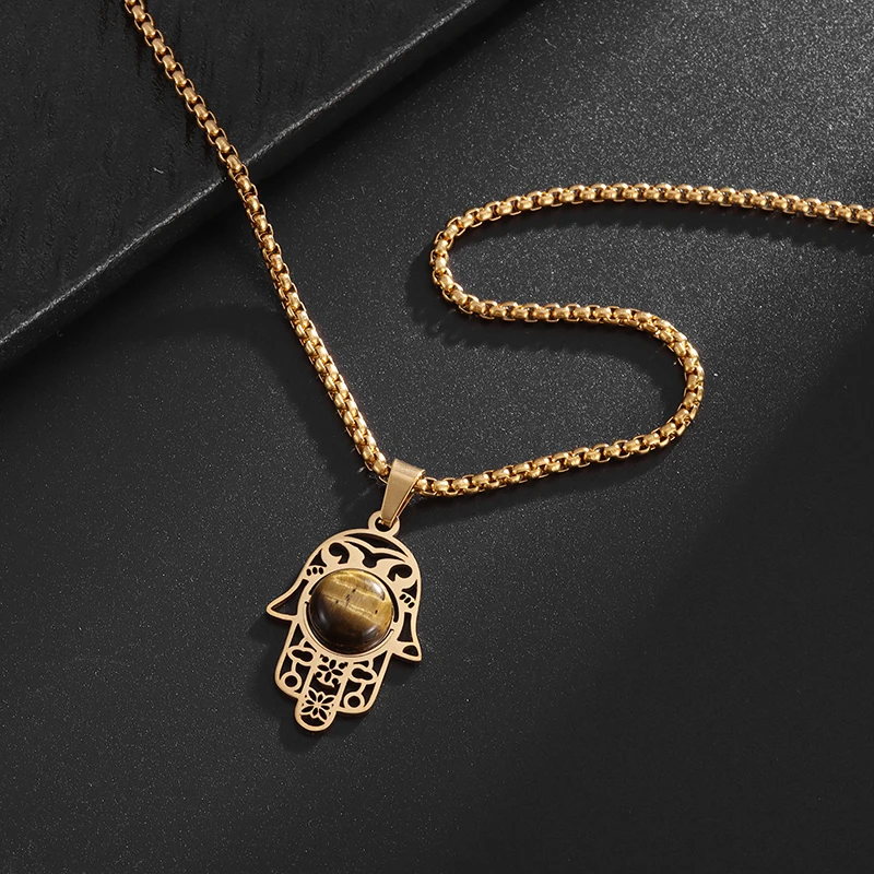 Stainless Steel Turkish Devil's Eye Necklace Titanium Steel Hollow Hand of Fatima Pendant Islamic Muslim Amulet Jewelry