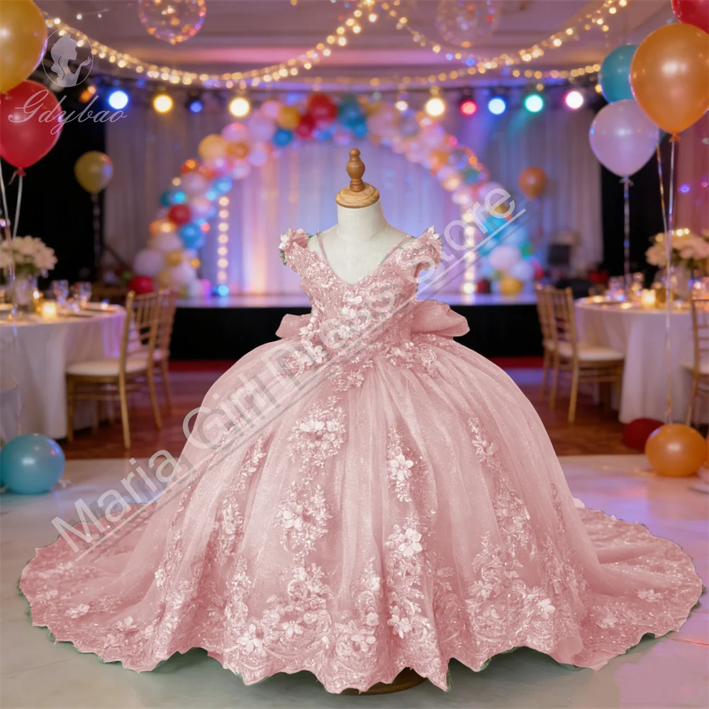 

Customized Pink Flower Girl Dress Fluffy Tulle Floral Appliques For Wedding Children Birthday Party Prom Evening Holy Communion