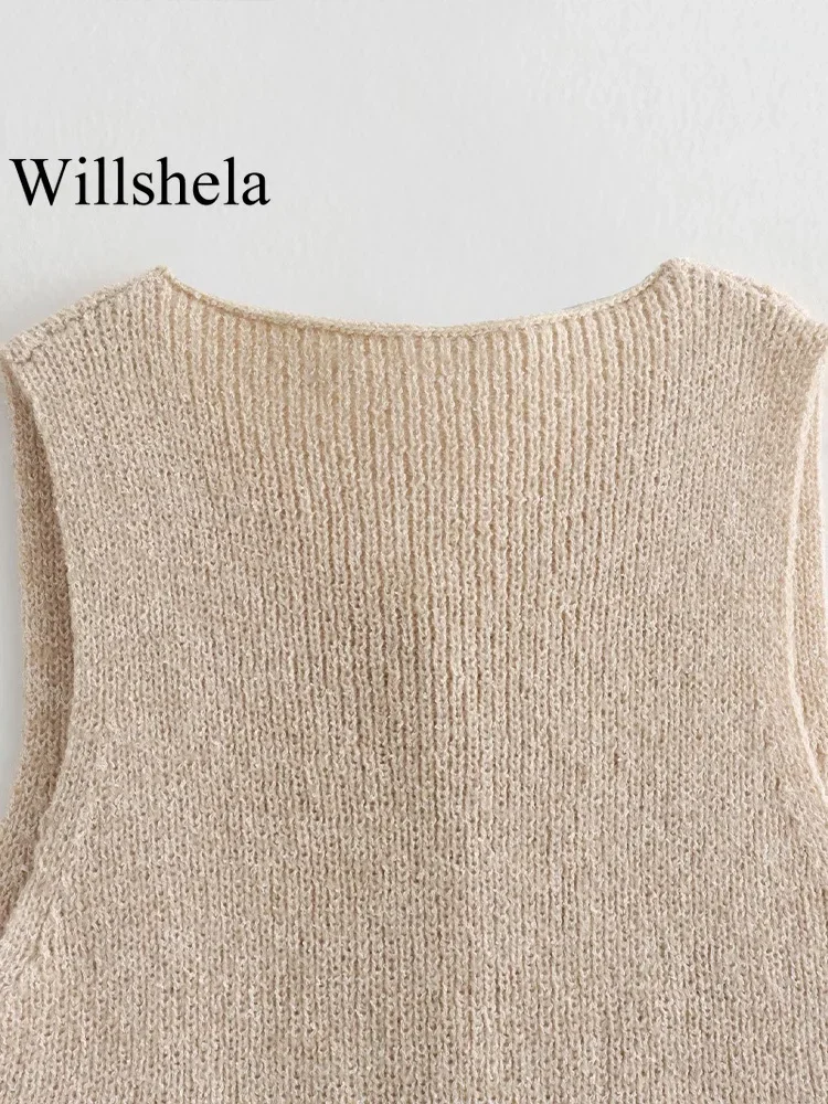 Willshela Women Fashion Beige Single Breasted Knitted Vest Tank Tops Vintage V-Neck Sleeveless Female Chic Lady Top