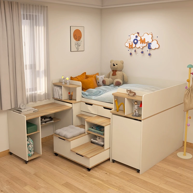 

with wardrobe desk integrated small apartment solid wood multi-function can be pulled by adults and children storage bed