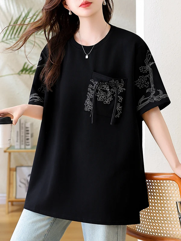 

Свободная футболка с коротким рукавом и вышивкой, повседневный расслабленный стиль, большие размеры, женский хлопковый топ с круглым вырезом для ежедневной носки, весна 2026