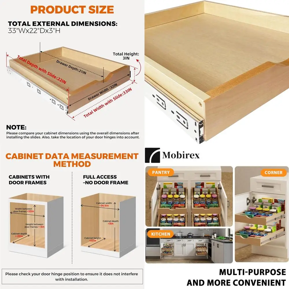 

33W 22D 3H Soft Close Wood Pull-Out Shelves for Kitchen & Pantry Storage