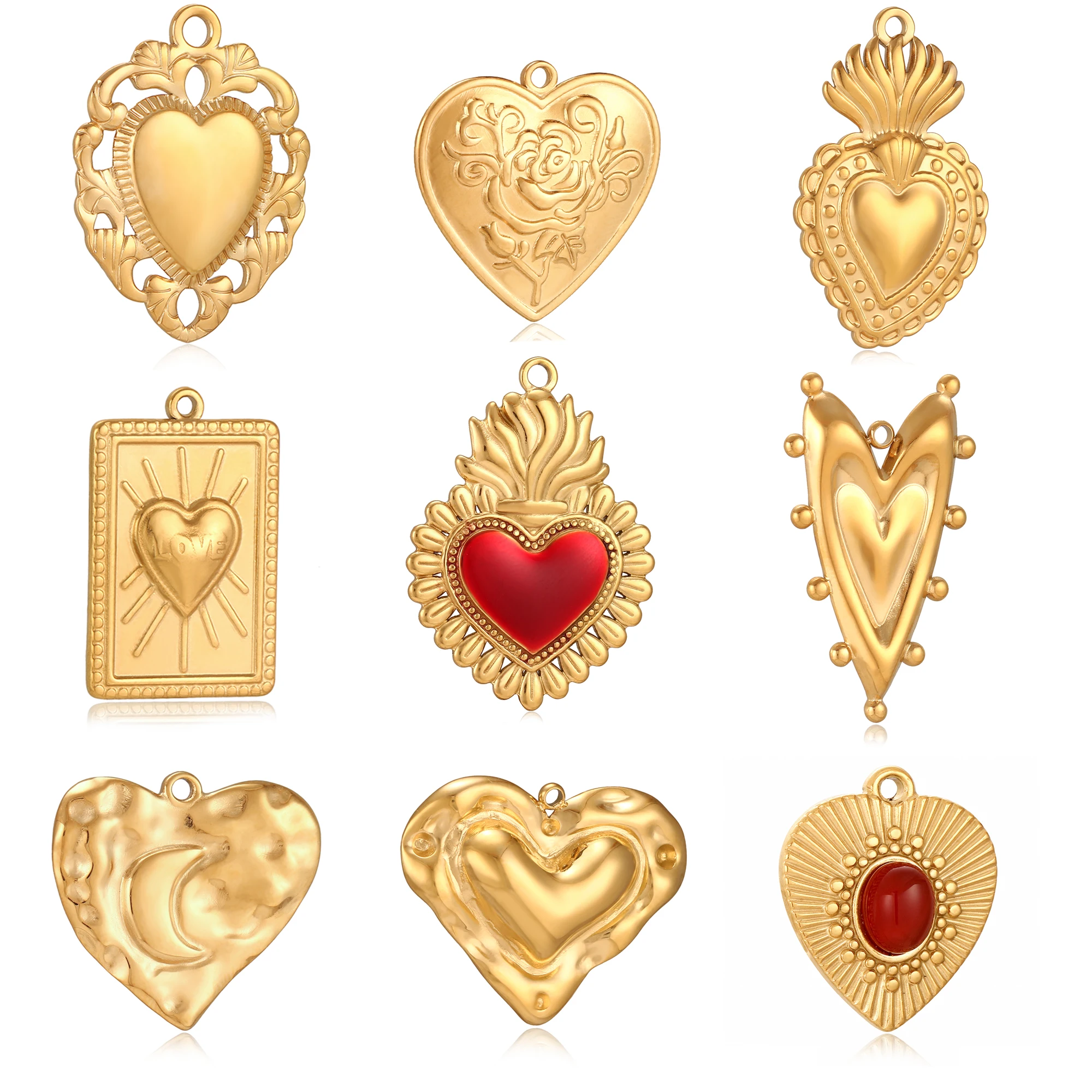 3Pcs Exquisite Heart Charms Stainless Steel 18K Gold Color Plated Waterproof Pendant DIY Valentine's Day Necklace Jewelry Making