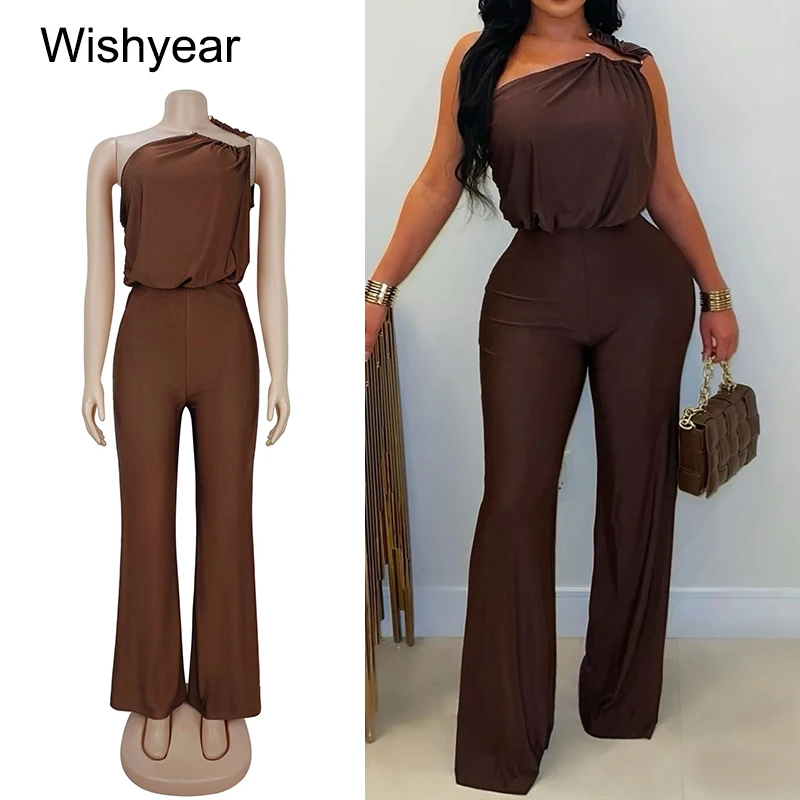 

Wishyear Sexy Evening Bodycon Jumpsuits Woman Black Off Showlder Metal Buckle Patchwork Rompers Streetwear One Pieces Overalls