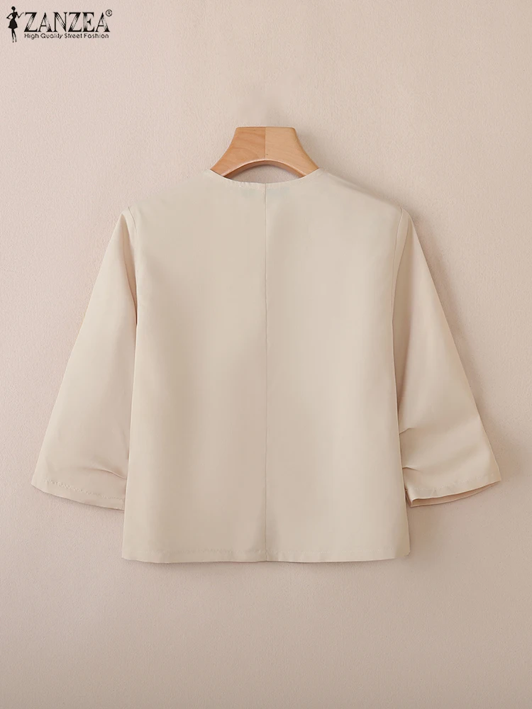 ZANZEA Women 2025 Autumn Lightweight Blazer Office Lady Casual V-Neck Three-Quarter Sleeve Suit Jackets Commuting Outerwear