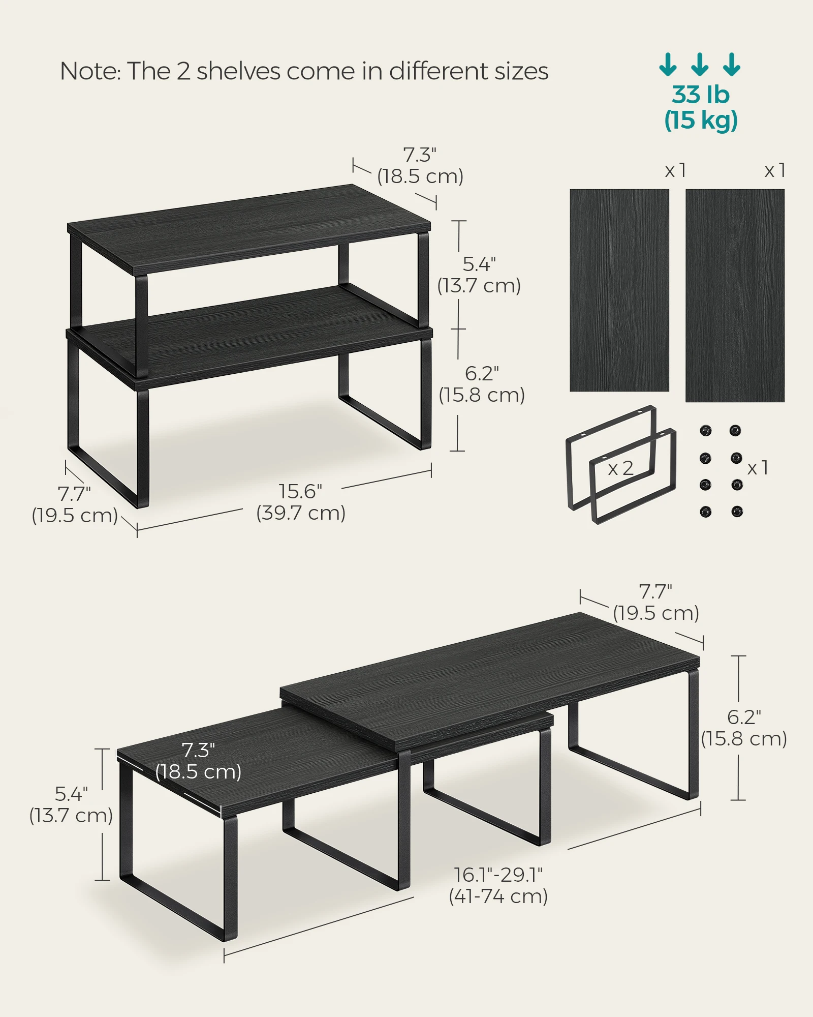 SONGMICS Cabinet Organizer Shelf, Set of 2 Kitchen Counter Shelves, Kitchen Storage, Spice Rack, Stackable, Expandable