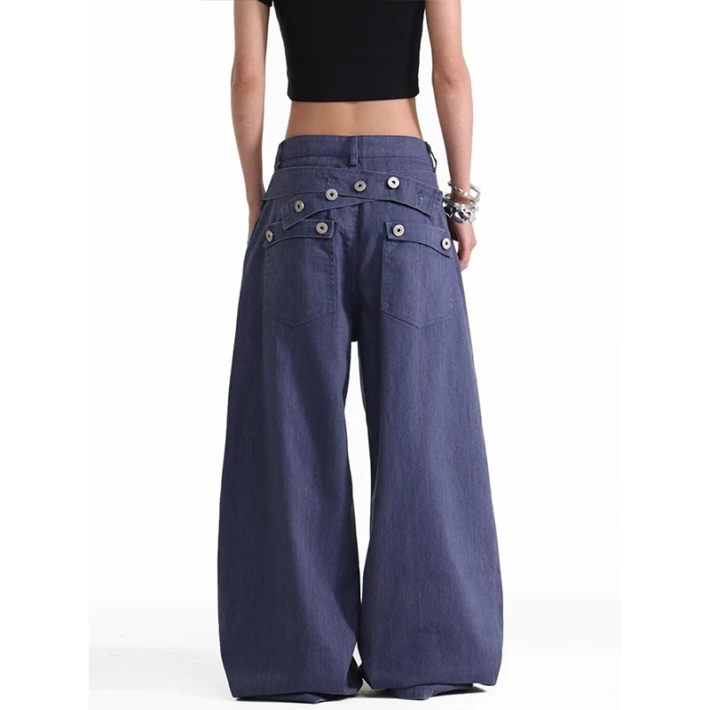 Women Baggy Blue Jean Cargo Denim Pants American Retro Y2k 2000s Washed Designer Japanese Harajuku Wide Leg Long Trousers