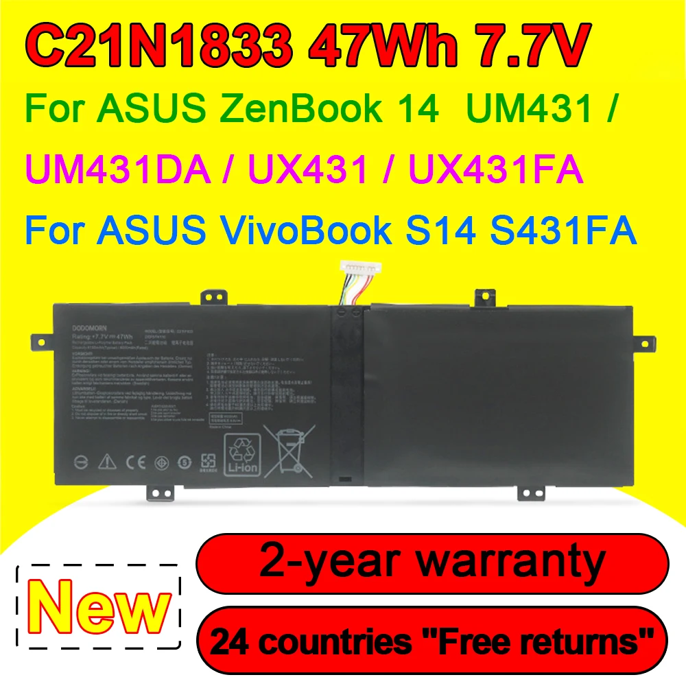 

C21N1833 Battery For ASUS ZenBook 14 UM431 UM431DA UM431FA UX431 UX431FA UX431FB UX431FL UX431FN VivoBook S14 S431FA 7.7V 47Wh