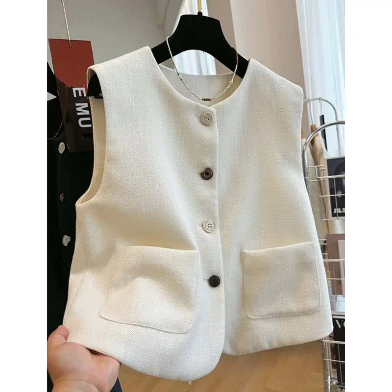 2024 New Women's Vest Jacket Fashion Sleeveless Buttons Blazer Vests Coat Lady Korean Casual Office Femme Waistcoat Tops