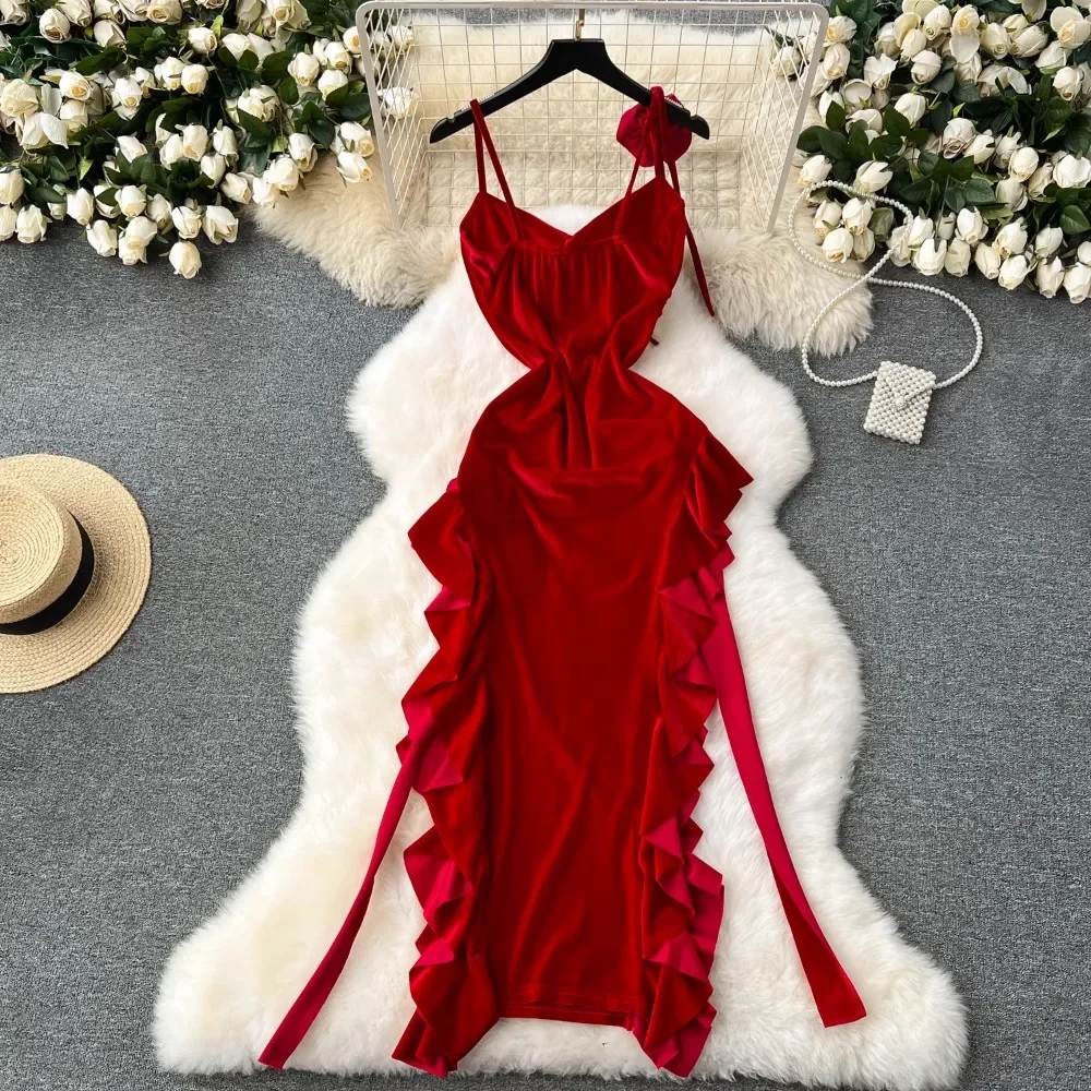 Chic Three-dimensional Flower Velvet Slip Dress French Sexy Elegant Party Luxury Robe Women Vintage Slim split dresses