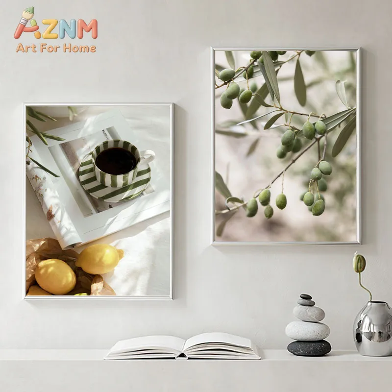 AZNM Mediterranean Country Canvas Wall Art Olive Branch Lemon Vintage House Rural Nature Picture Unframed Canvas Home Decor Pain
