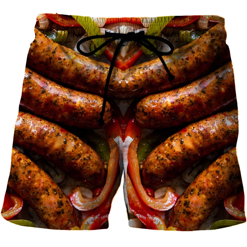 Funny Sausages Food Graphic 3D Print Beach Shorts Men Women Casual Surfing Board Shorts Oversized Swimwear Trunks Kids Clothing