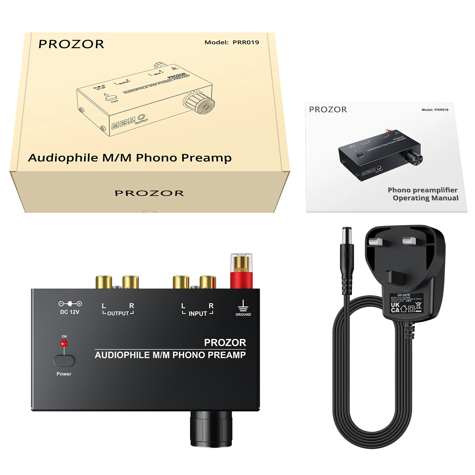 PROZOR Phono Preamp Preamplifier RCA Input to RCA 3.5mm Jack Output Phono Preamplifier with EU Power Adapter Level Control