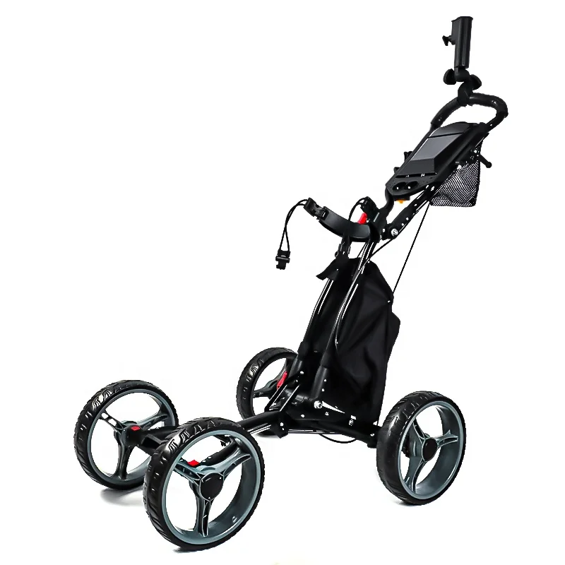 Lightweight Push Pull Folding Cart Aluminum 4 Wheels Golf Trolley With Hand Brake And Drink Holder Umbrella