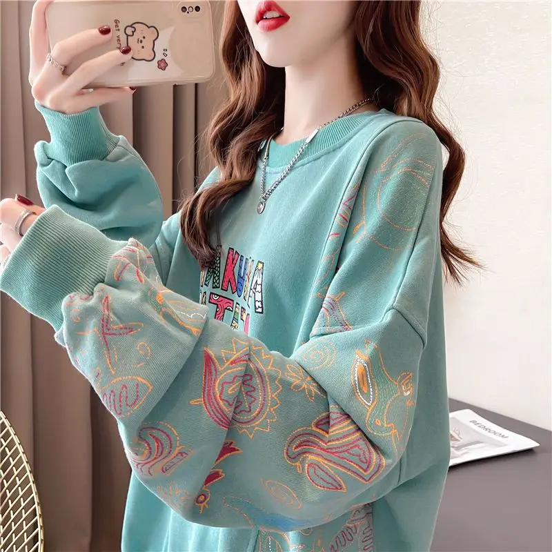 Spring Autumn Women's Spliced Printed Sweatshirts New Casual Round Neck Loose Long Sleeve Pullovers Tops Fashion Female Clothing