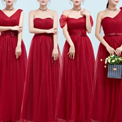 Princess Long Wine Red Tulle Bridesmaid Dress Girl Woman Graduation Robe Floor Length Wedding Guest Dresses Lady Lace Up