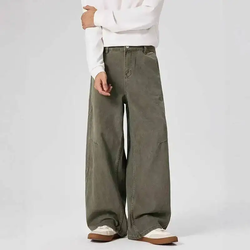 Simple Men's Denim Pants New Deconstruction Solid Color Vintage Drape Bottom Straight Wide Leg Cleanfit Male Jeans 9YOA4