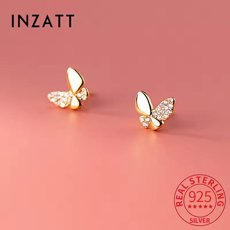 עגילי פרפר זירקון קטנים מכסף 925 אמיתי INZATT לנשים בעלות סגנון אופנתי תכשיטים יפים מזהב 18 קראט