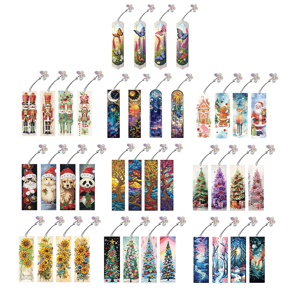 4Pcs Special Shape Santa Claus Elk Diamond Painting Bookmark 5D DIY Diamond Painting Bookmark Diamond Art Bookmark with Pendant