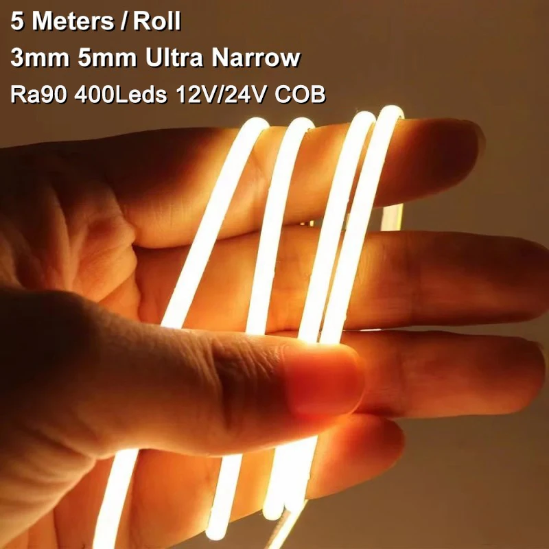 Self-adhesive 5meters Cob Led Strip 3mm 5mm Ultra Narrow Dimmable Ra90 400leds/m 12V 24V Free Cut Flexible Led Strip Light