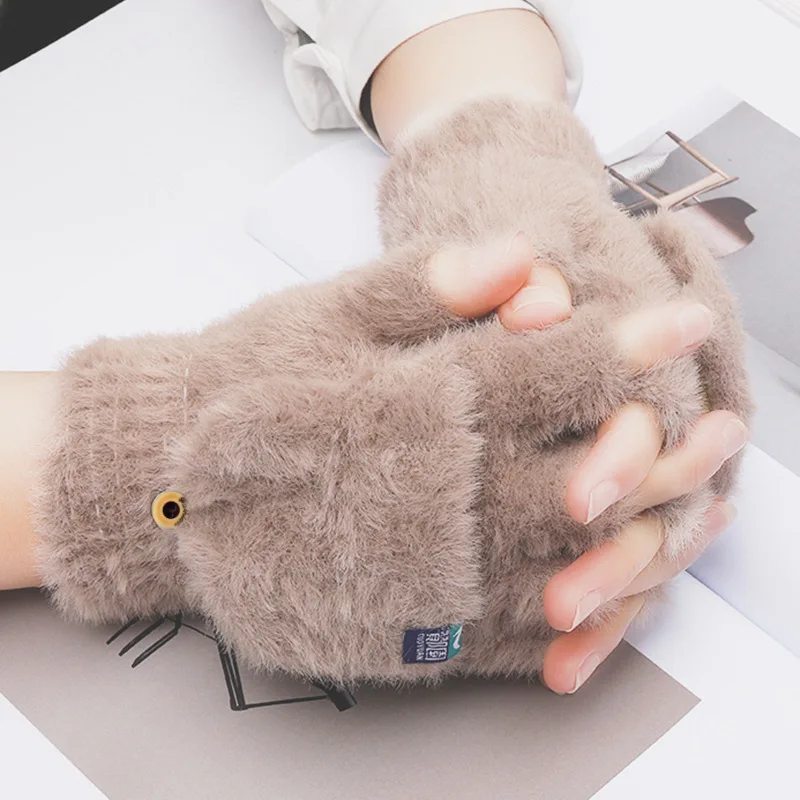 Plush Gloves Women Winter Warm Student Flip Top Fingerless Outdoor Thickened Cold Proof Cute Soft Touchscreen Texting Mittens