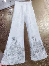 Luxury Beaded Sequined Embroidery Retro Bell-Bottom Pants Women 2024 Autumn 3D Carved Flower Casual Pants Female Long Pant