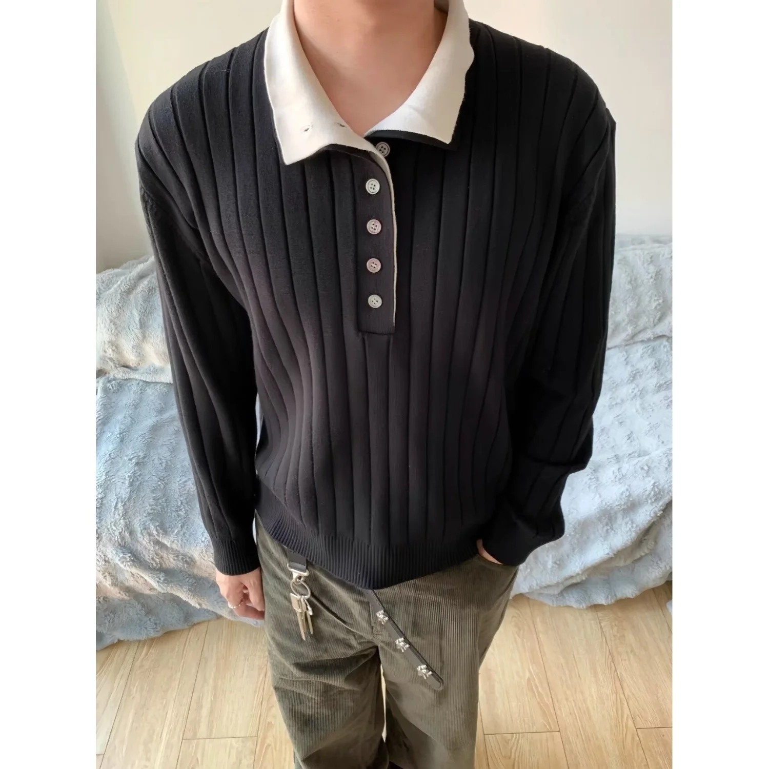 

Осень-зима, мужской трикотаж большого размера, длинный воротник-стойка, внутренняя одежда, теплый ленивый модный узор в полоску