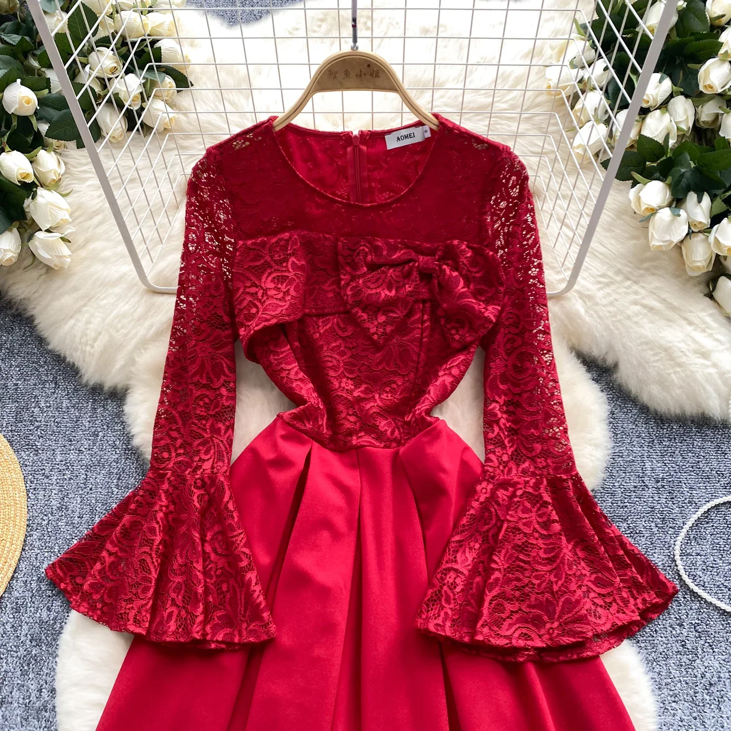 Elegant Sexy lace bow PATCHWORK Flare lool Sleeve Dress Vintage Slim summer backless sweet A-line dresses