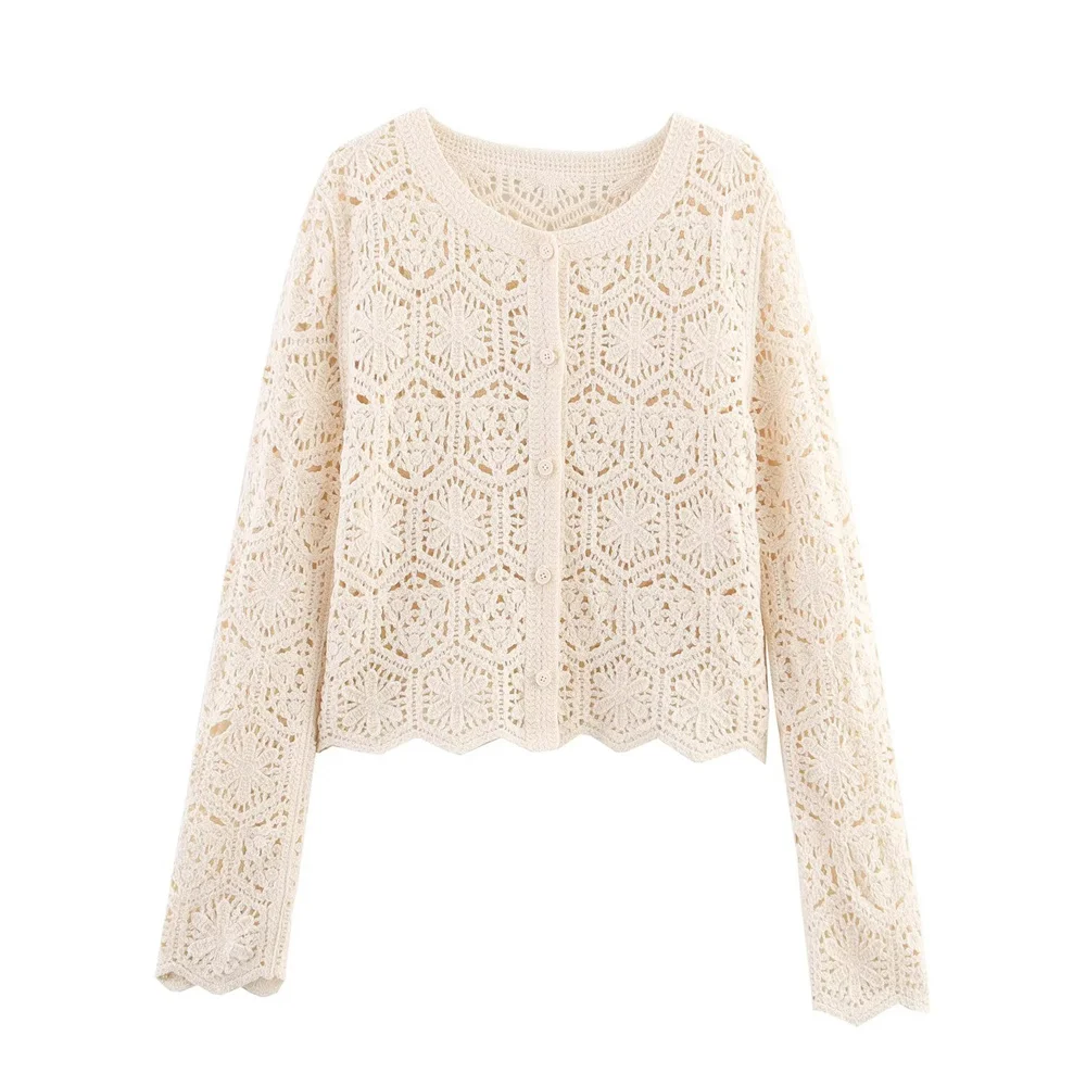 

Taop&Za Women's New Fashionable and Versatile Simple Round Neck Long Sleeve Hollow Wave Pattern Knitted Cardigan