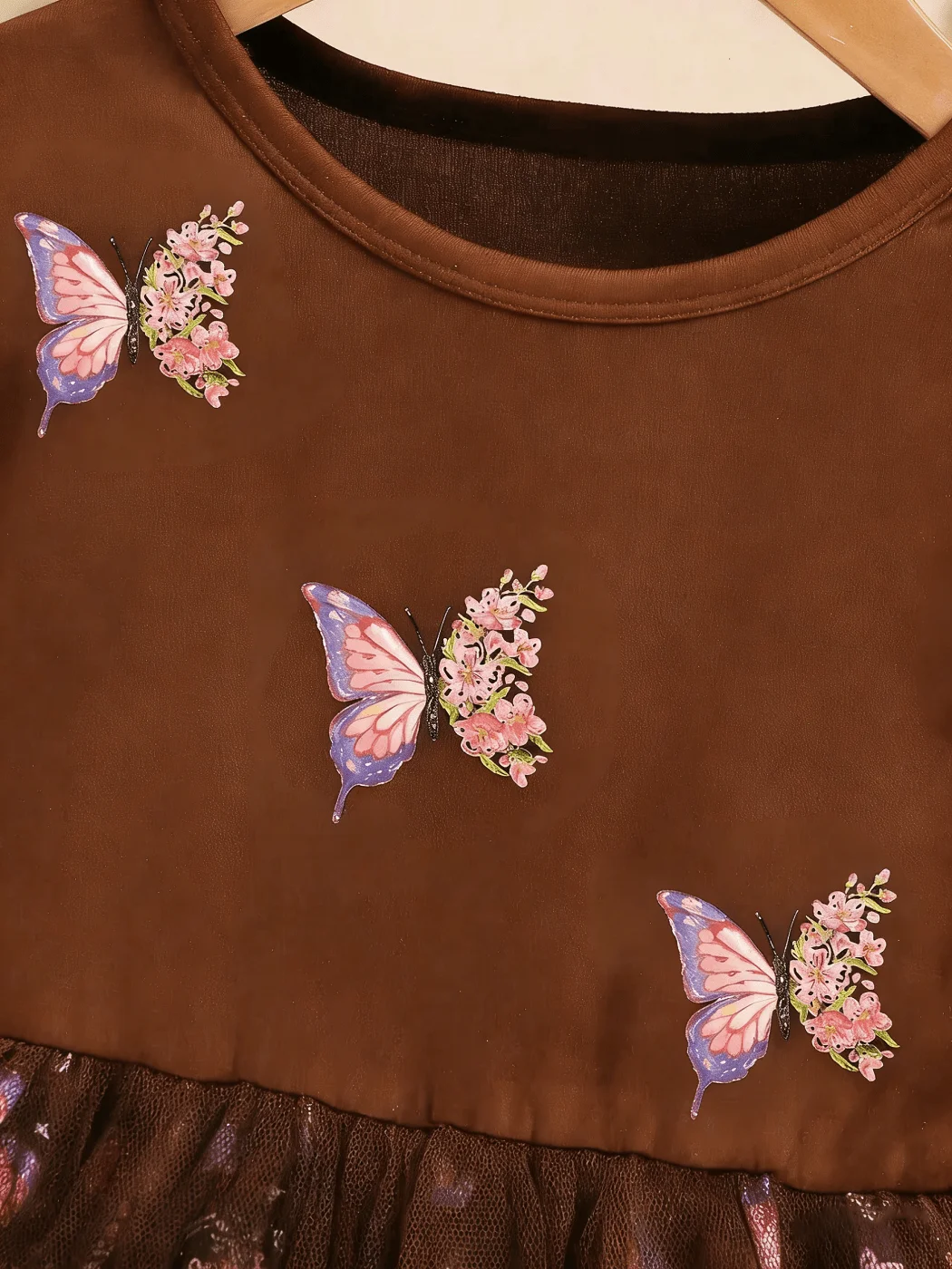 2026 Frühling/Sommer Herbst Eleganter Rundhals-Langarm-Mesh-Kleid mit Schmetterlingsdruck und Trompetenrock, Geeignet für Tägliche Reisen – Detail 14