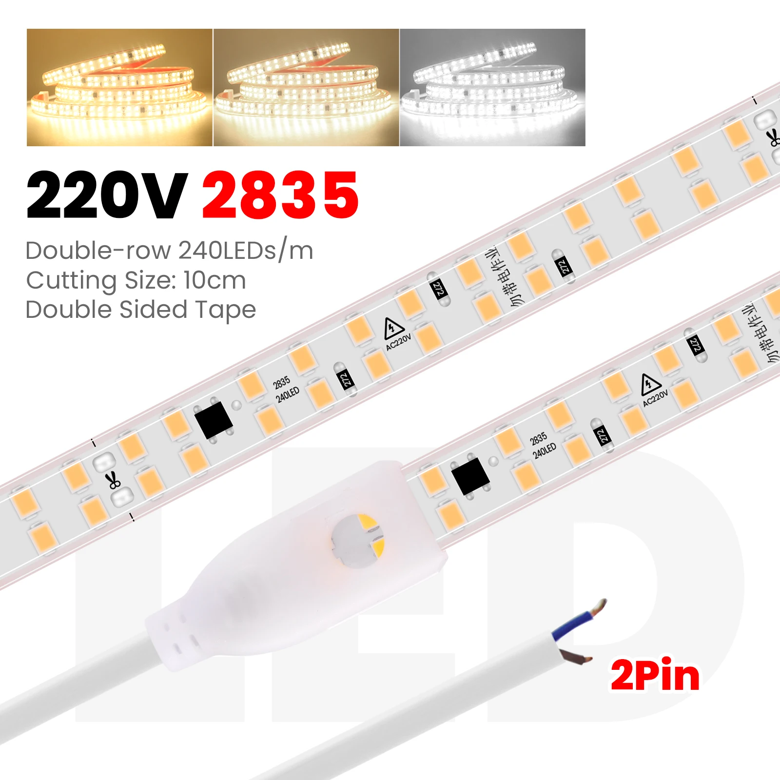 5/10/20/30m 230V 220V Double Row LED Strip Lights 2835 240led/m Flexible Tape Rope Lamp Warm White 4000K With 2Pin Wire