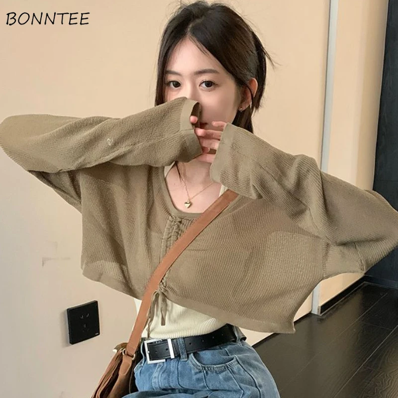 Crop Tops T-shirts Women Loose Shirring Sun-proof Fashion Long Sleeve Streetwear Casual Soft All-match K-pop Clothes Mujer OOTD