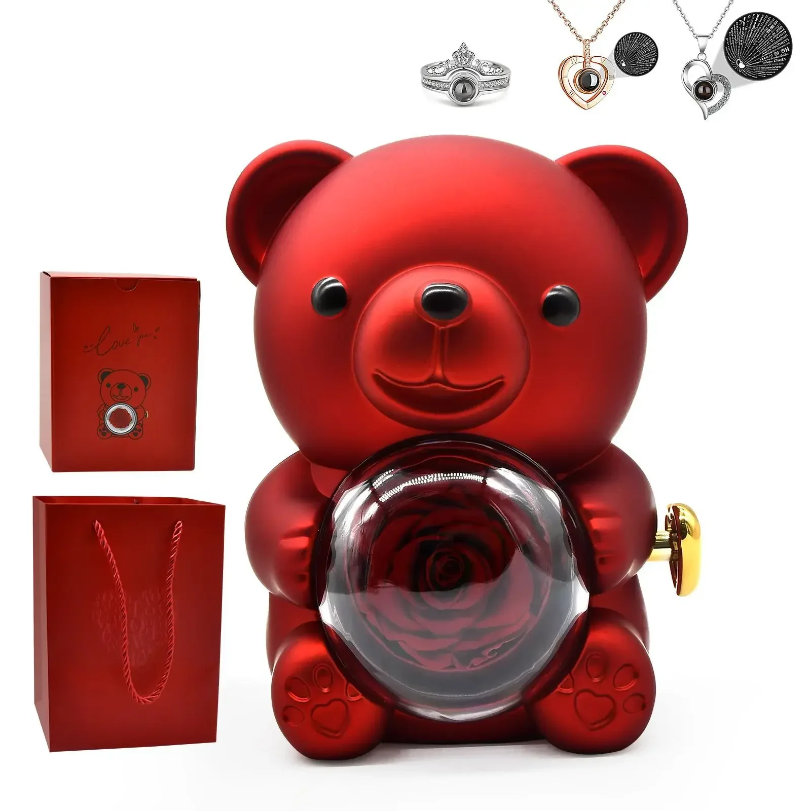 回転するハグベアローズジュエリーボックス、造花付き、永遠の花のギフトボックス、バレンタインデー用、ネックレスジュエリーギフト、F